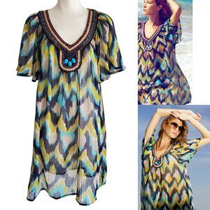 H&M  Beautiful Tribal Beaded Neckline Beach Coverup Dress Size 8